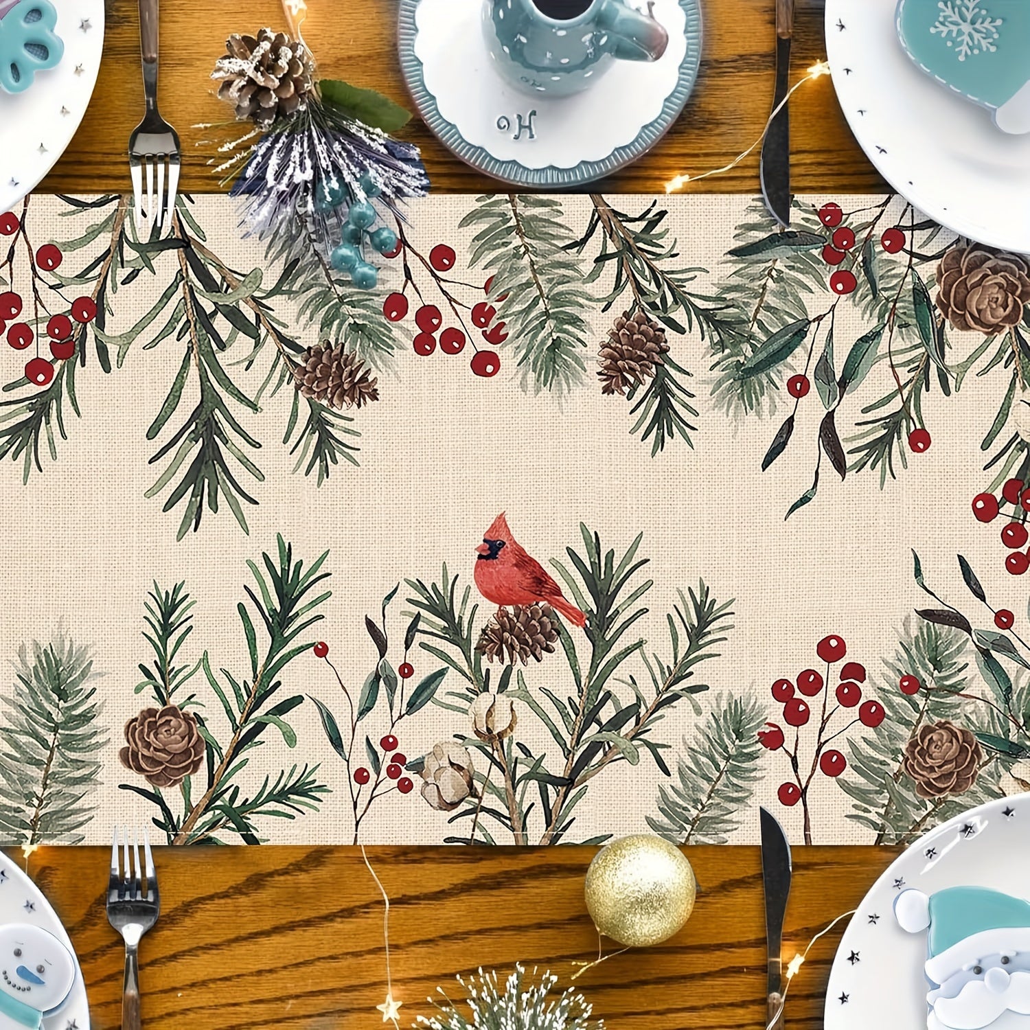 Winter Themed Table Runner with Pine Needle Branches Berries and Cardinal Red Birds