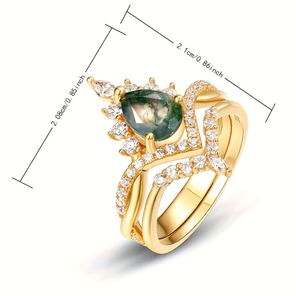 Sterling Silver Moss Agate Double Layer Ring for Weddings Engagements Gift for Her