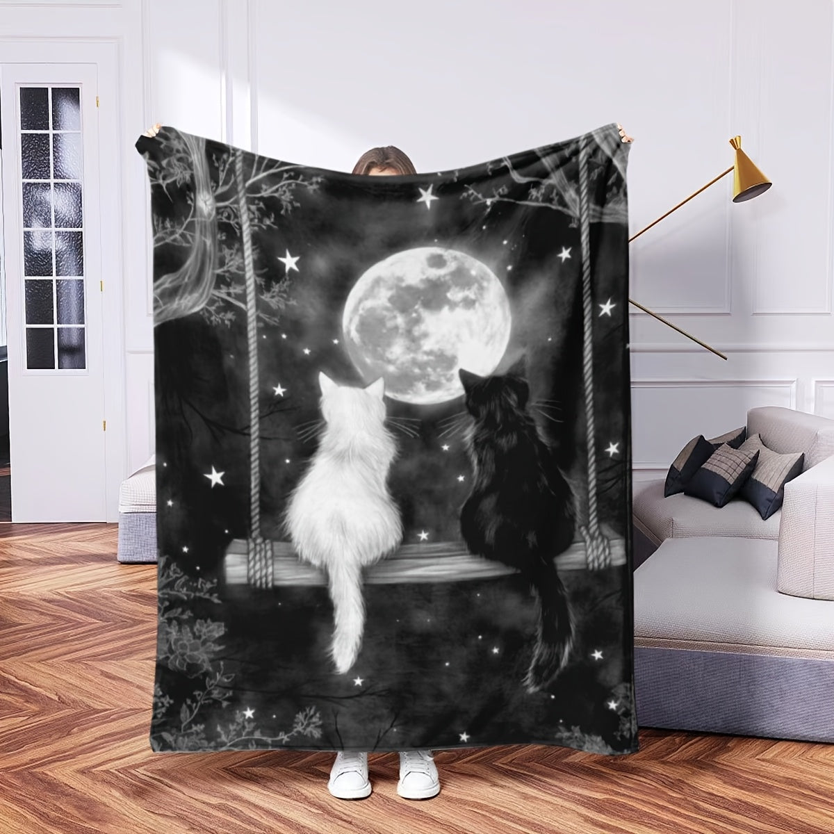 Black and White Cat Couple Throw Blanket Soft Velvet Stain-Resistant for Couch Bed Office