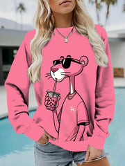 Women's Pink Cartoon Animal Print Oversized Sweatshirt Polyester Pullover with Long Sleeves