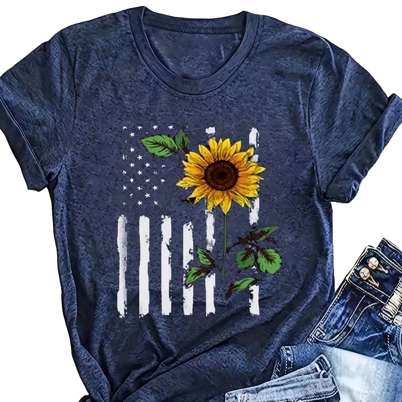 Camiseta de manga corta con estampado floral de tamaño grande y bandera americana, casual, con cuello redondo, mezcla de poliéster, para verano