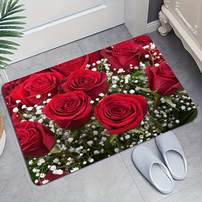 Soft Premium Rose Flower Kitchen Mat Anti-Fatigue Polyester Entryway Bedroom Living Room