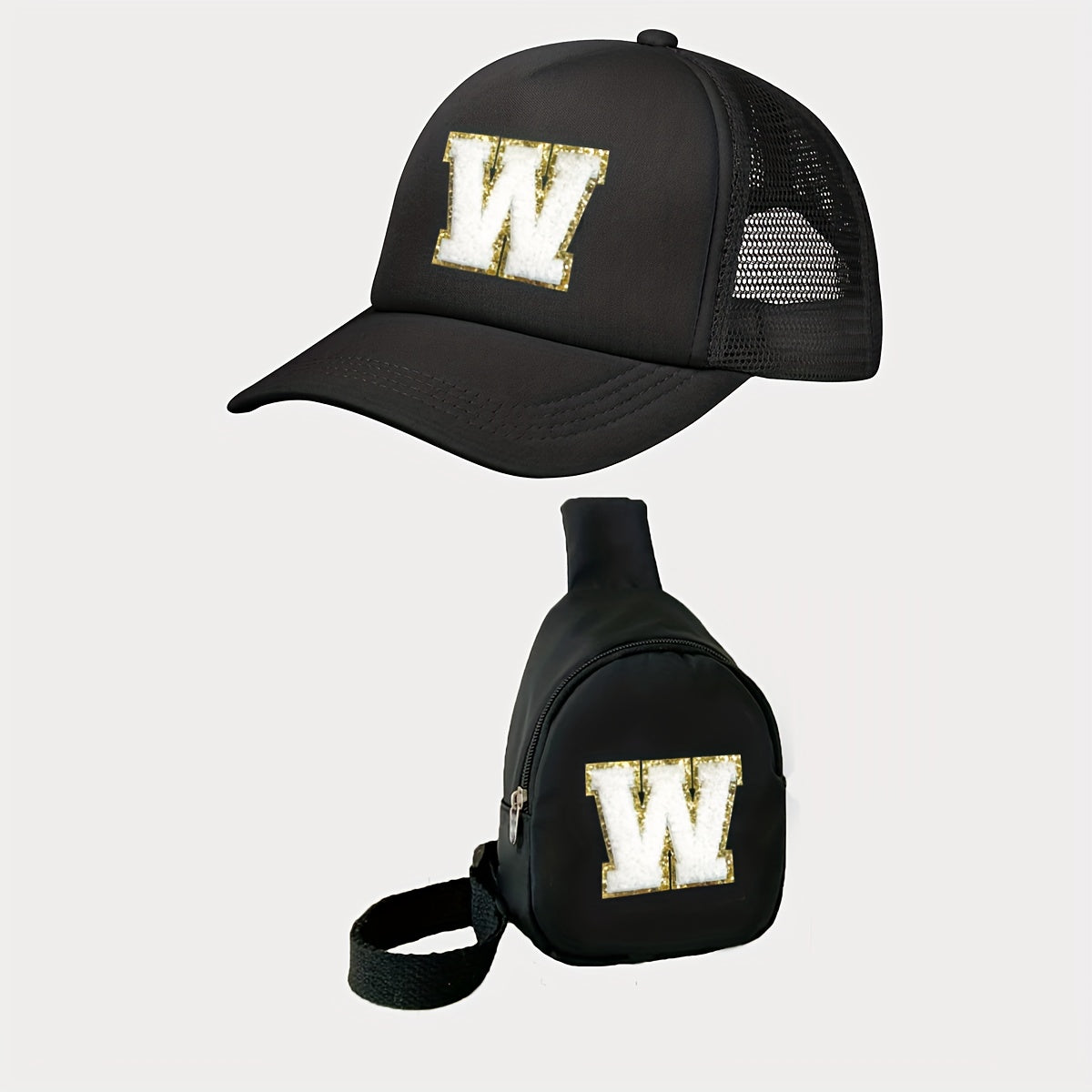 Children's Alphabet Baseball Cap and Shoulder Bag Set for Kids 3-14 Polyester Black