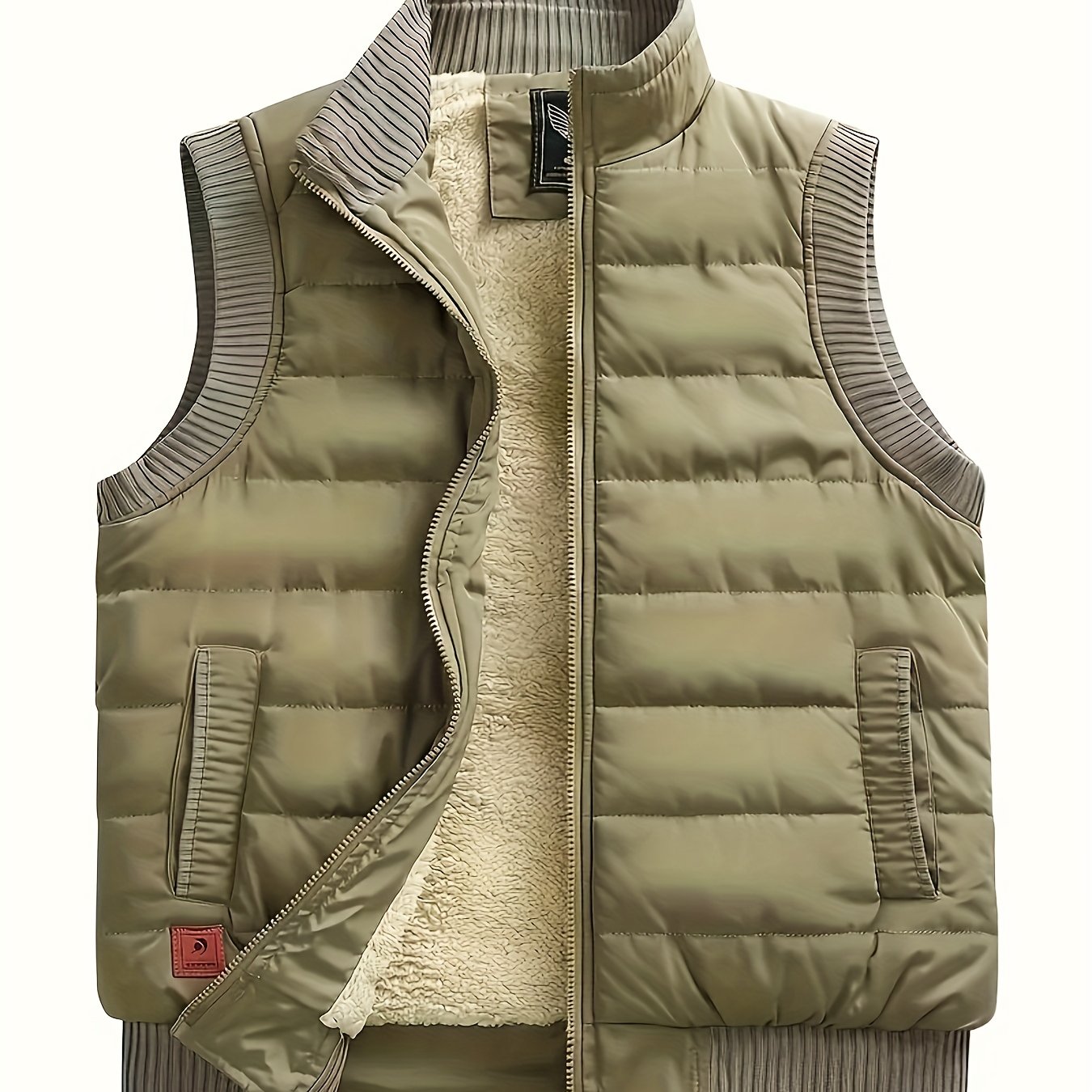 Men's Winter Vest Olive Green Zipper Fleece-Lined Casual Sleeveless Outerwear