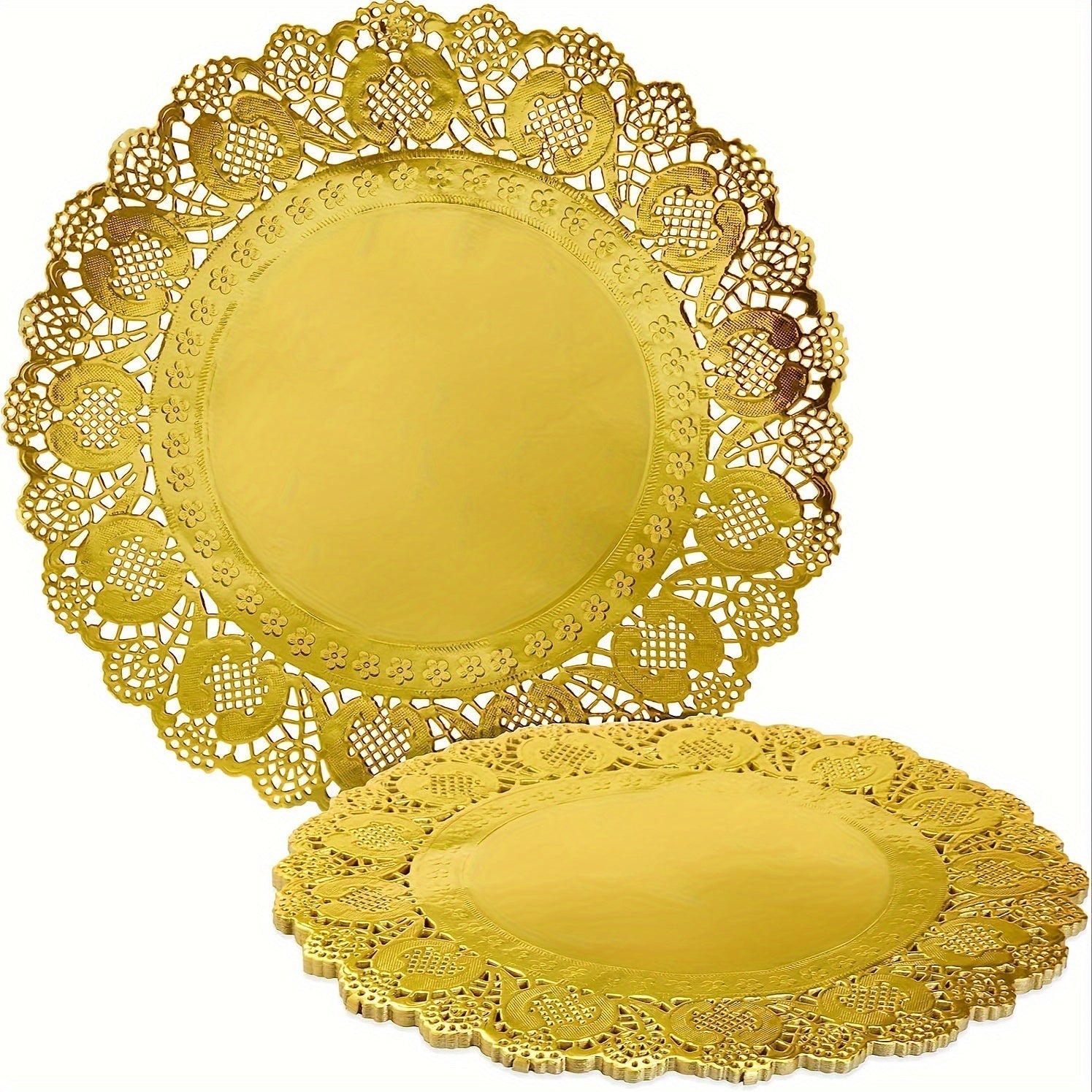 100 ta dumaloq ipli suv liliyasi qog'oz placematlar oltin rangda, yog'ni so'radigan qog'oz va ip materialidan tayyorlangan. Shirinliklar, qovurilgan taomlar, to'y idishlari, tort qadoqlash va bir martalik foydalanish uchun bezak qo'shish uchun mukammal.