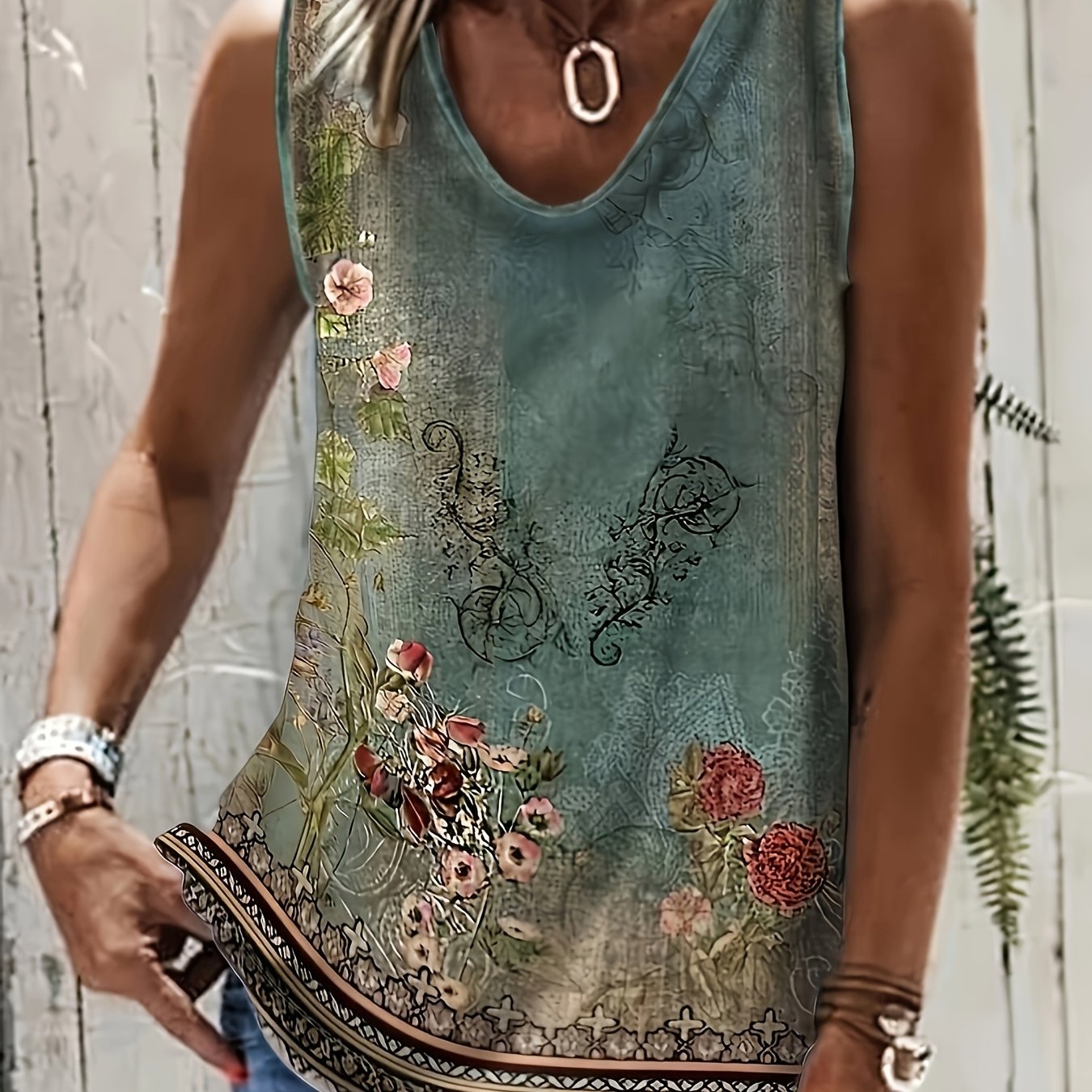 Top de tirantes con escote en V y estampado floral para tallas grandes para primavera verano ropa de playa