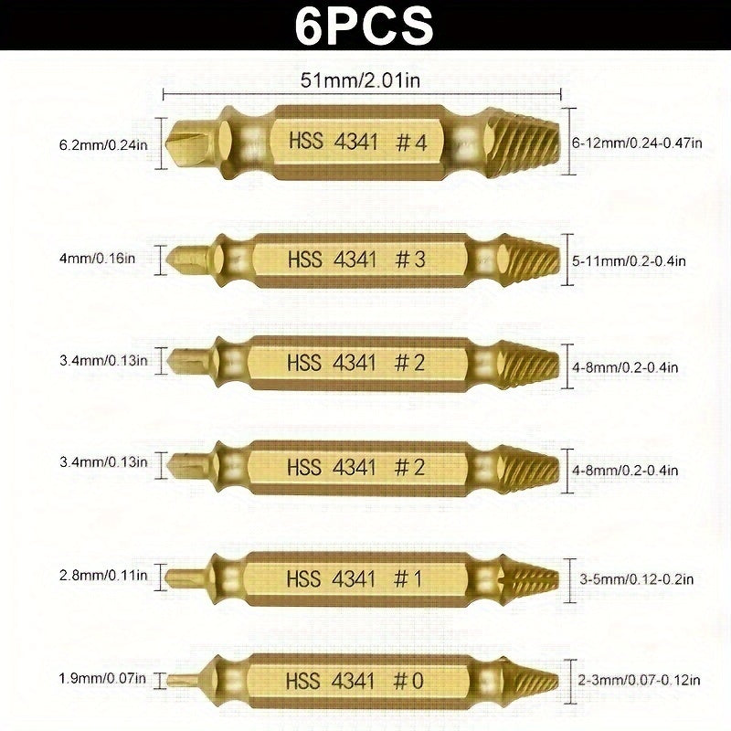 6PCS Damaged Screw Extractor Set for Broken Stripped Screw Removal