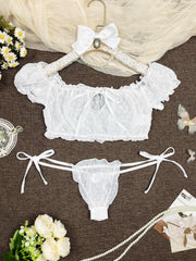 Women's Polka Dot Lingerie Set with Off-Shoulder Tie-Up Top and Thong in Breathable Mesh