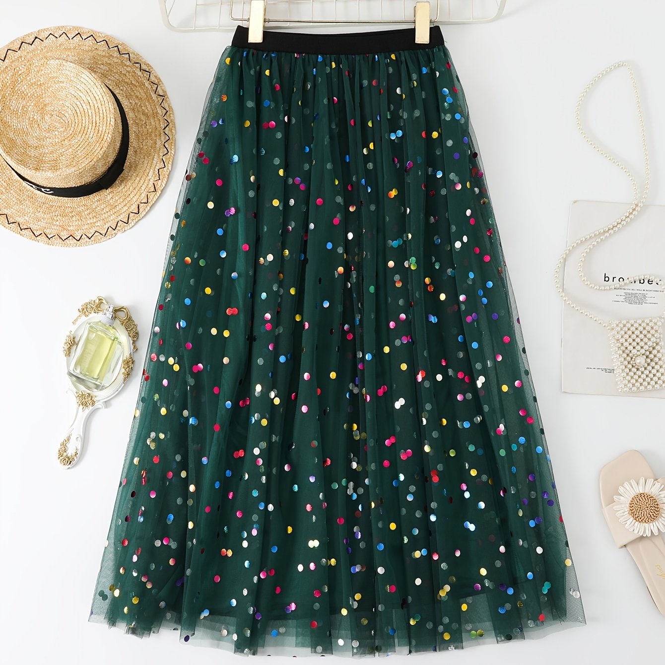 Women's Pleated Knit Skirt with Contrast Mesh Polyester Spring Summer Fall