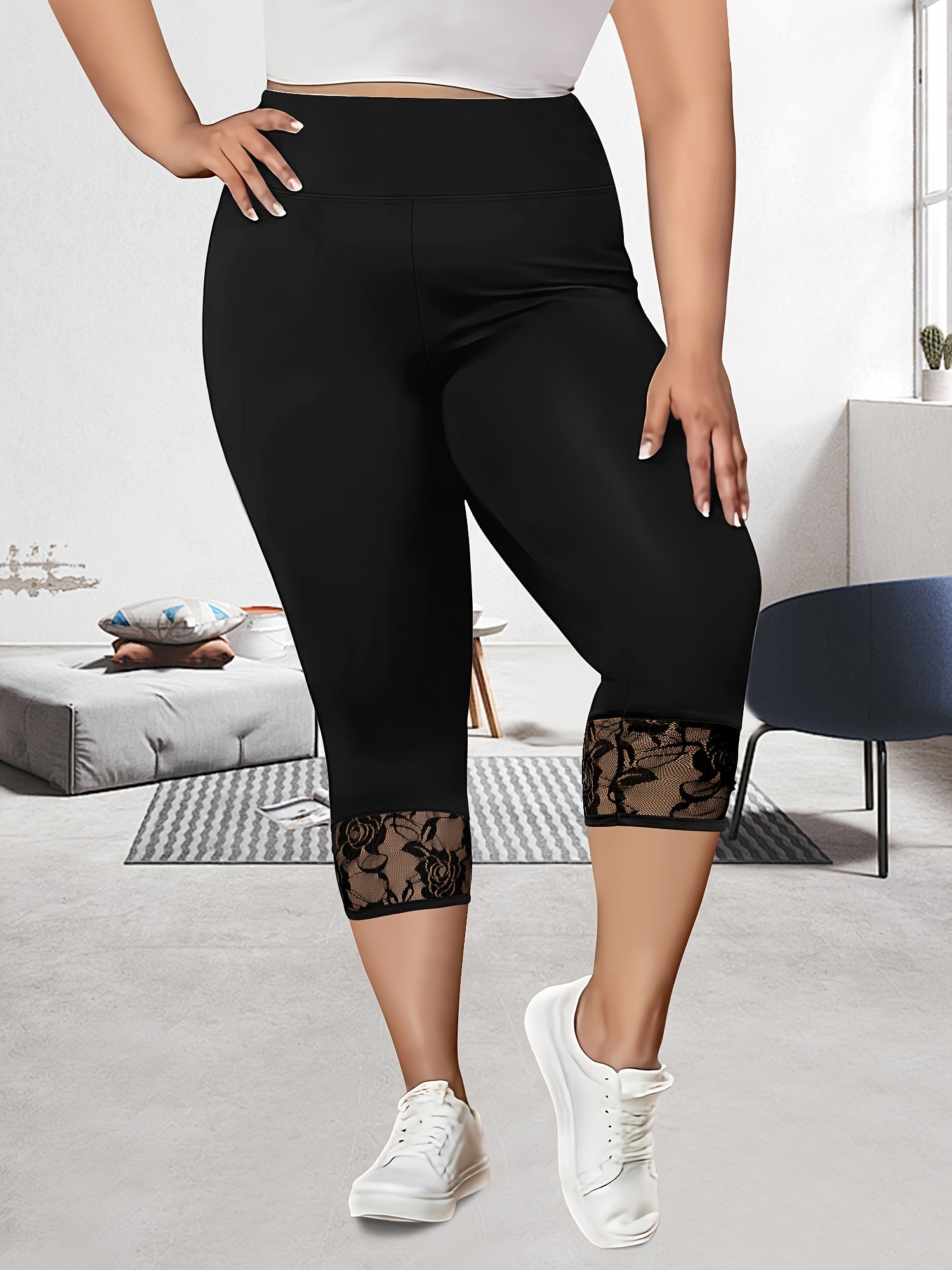 Women's Plus Size Floral Lace Trim Capris Cropped Leggings Summer Tights