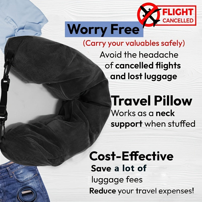 Black Adjustable Dutch Velvet Travel Neck Pillow with Long Zipper for Comfort