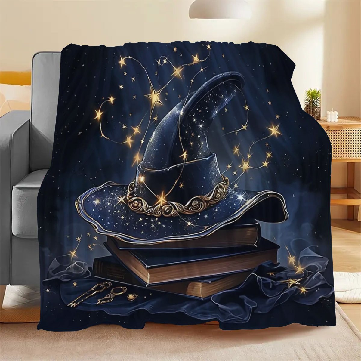 Halloween Large Book and Witch Hat Printed Flannel Fleece Throw Blanket