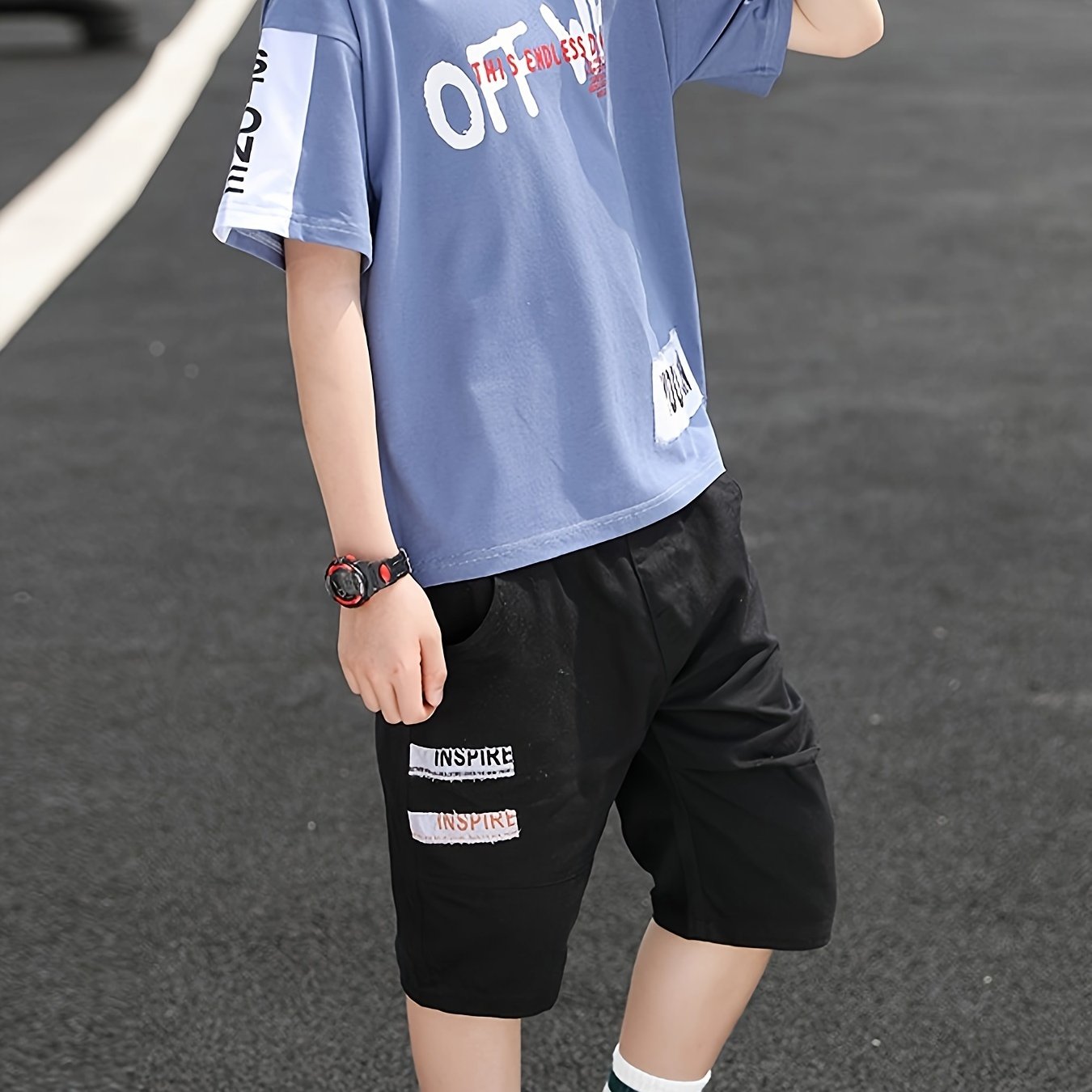 Yigitlar uchun paxta harf grafikasi T-shirt va shortlar to'plami, yoz uchun, 12 yosh va undan kichik bolalar