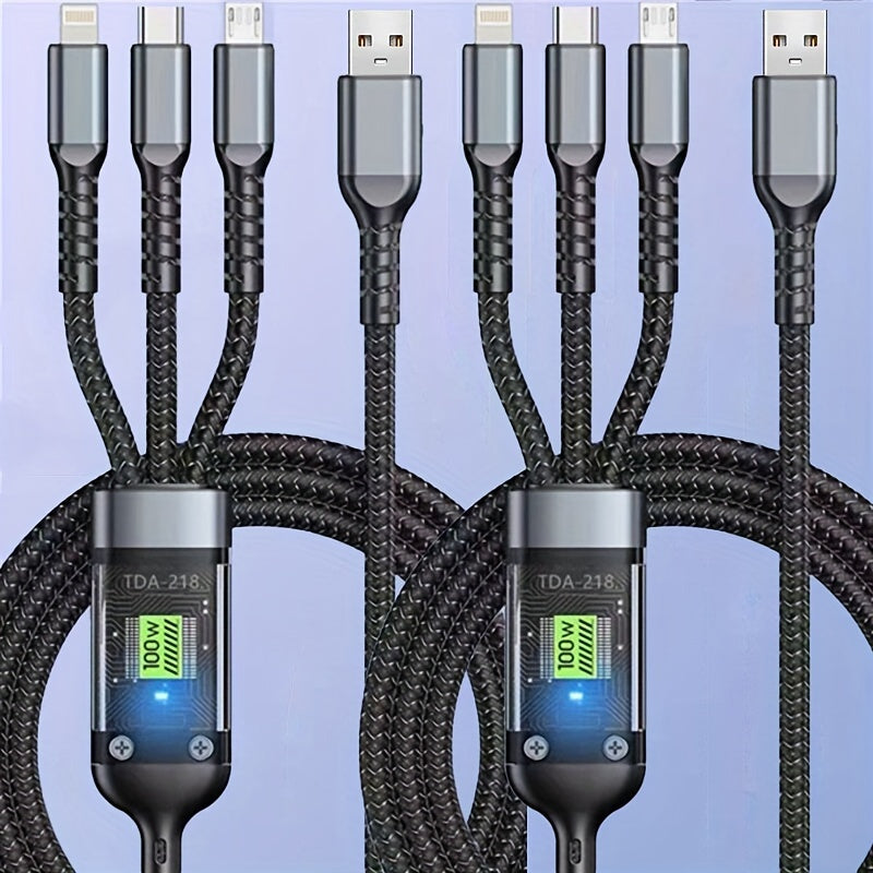 High-Speed 100W 3-in-1 Nylon Fast Charging Cable for iPhone Samsung Xiaomi USB-C Micro USB Lightning