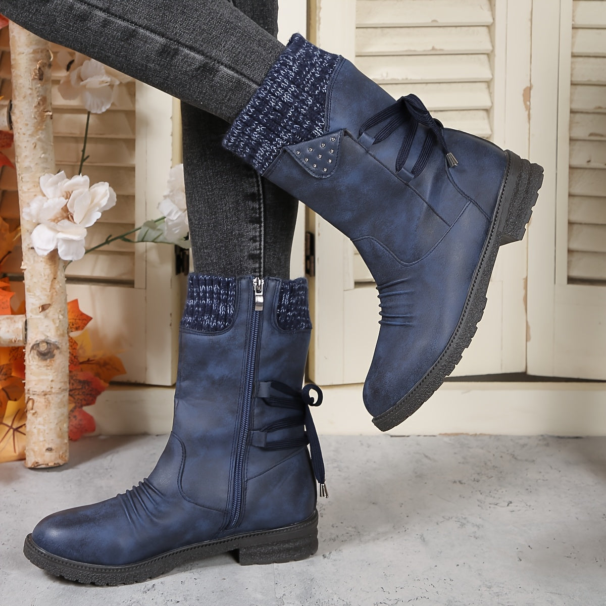 Women's Faux Cover Chunky Heel Ankle Boots with Zip Closure