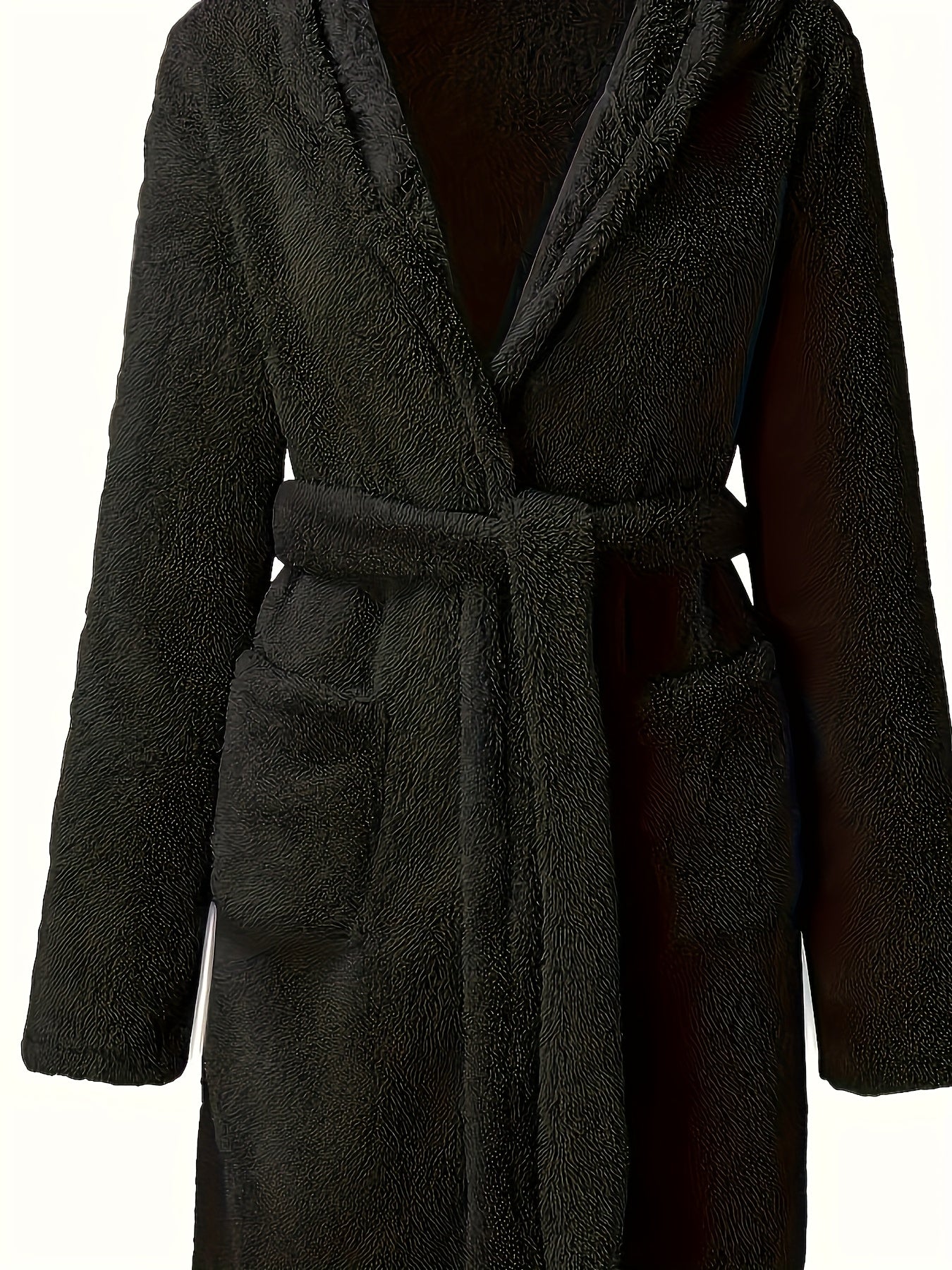 Мужской тёмно-коричневый флисовый халат с капюшоном, карманами и V-образным вырезом