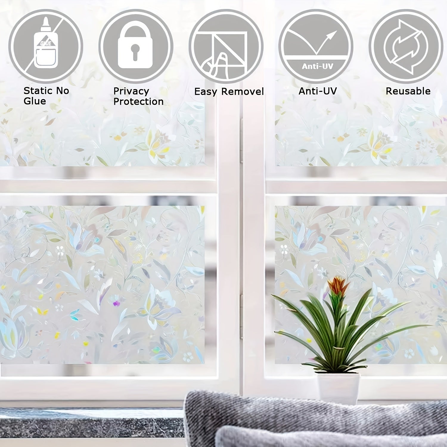Electrostatic Non-Adhesive Glass Window Film with Tulip Pattern for Home Decor