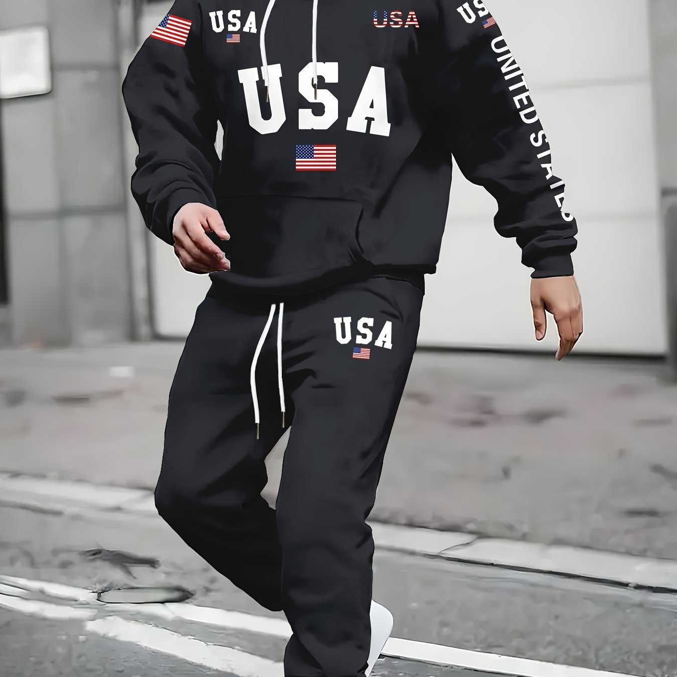Комплект мужской патриотической толстовки и спортивных штанов большого размера с принтом американского флага, повседневный, осень-зима