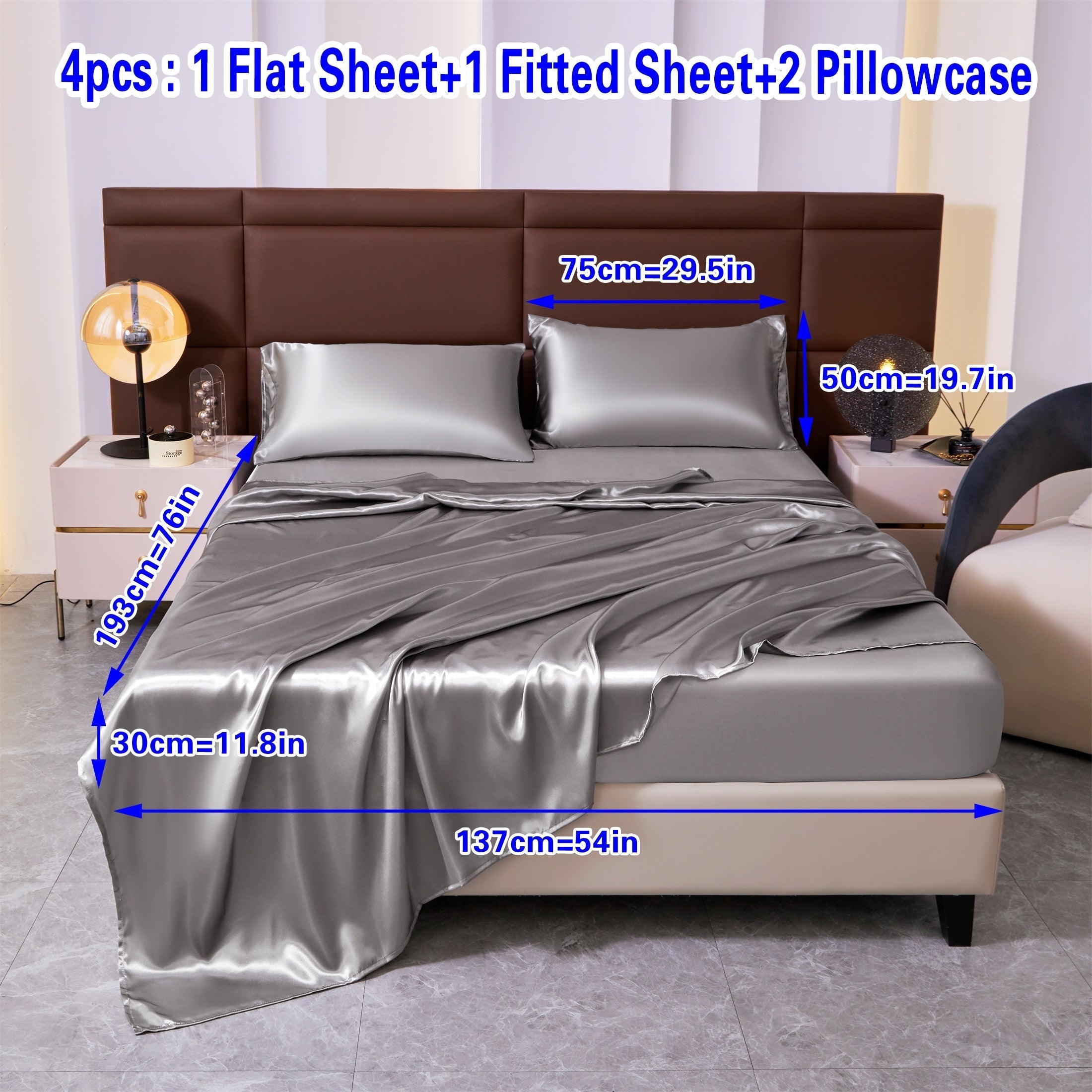 Set of Four Colored Bed Skirt, Sheet, and Pillowcase Bedding Set