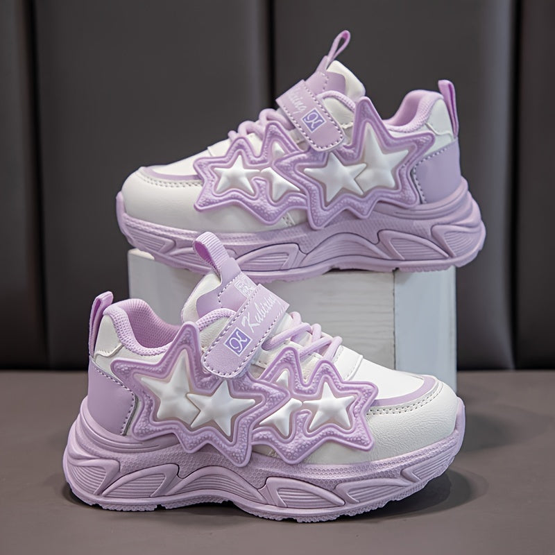 Girls Mesh Sneakers All-Season Lightweight PU Casual Shoes with Heart Pattern