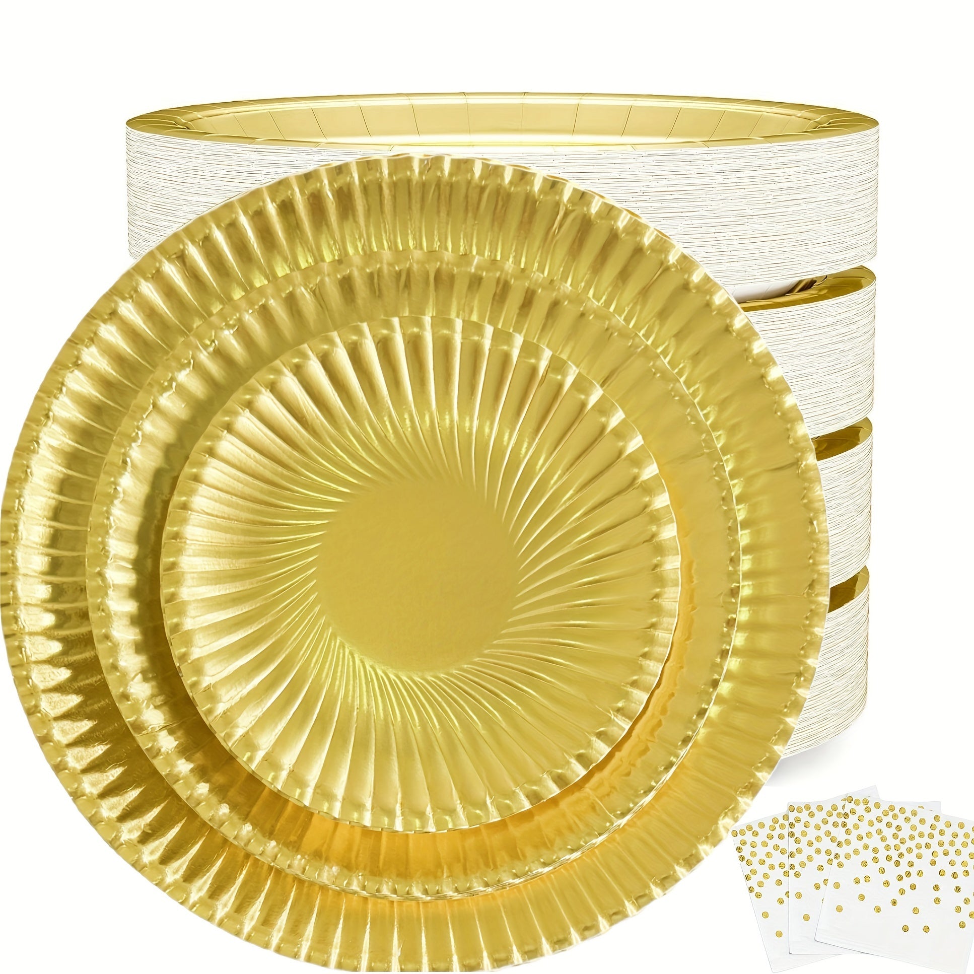 El paquete de suministros para fiestas de oro incluye platos desechables y servilletas para cumpleaños, bodas y feriados