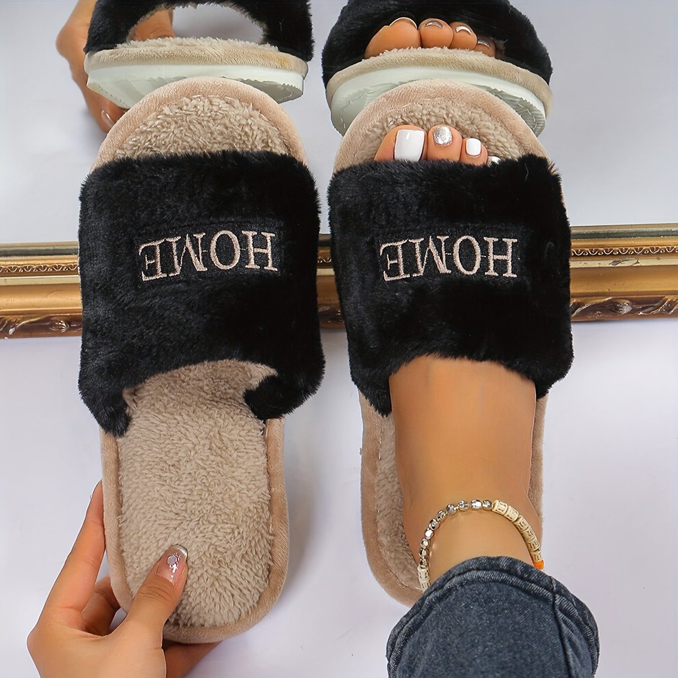 White Women's Plush Slippers with "HOME" Embroidery Indoor Cozy Furry Slip-Ons