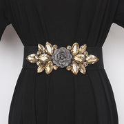 Wide Elastic Belt with Flowers and Beads for Women's Dresses and Decoration