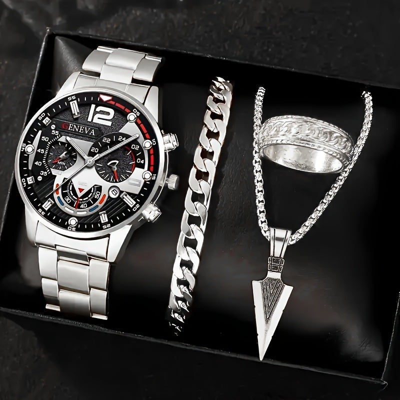 Men's Stainless Steel Watch Set with Calendar and Accessories