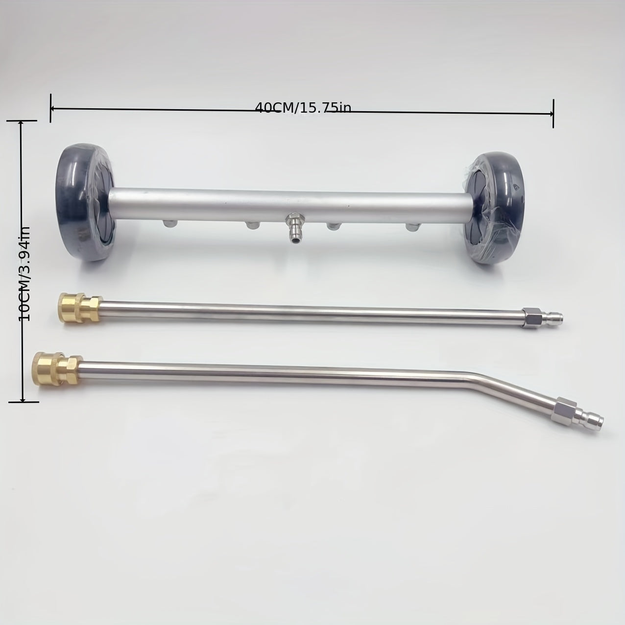 Ko'p funksiyali pastki qismni tozalovchi, 4 ta nozzle, shassi tozalash cho'tkasi va ochiq havoda avtomobil polini tozalash vositasi bilan birga keladi. Qo'lda ishlaydi, elektr yoki batareyalar talab qilinmaydi.