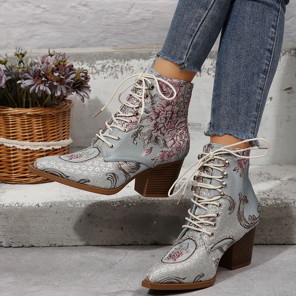 Women's Floral Embroidered Ankle Booties Leather High Heel Lace-Up