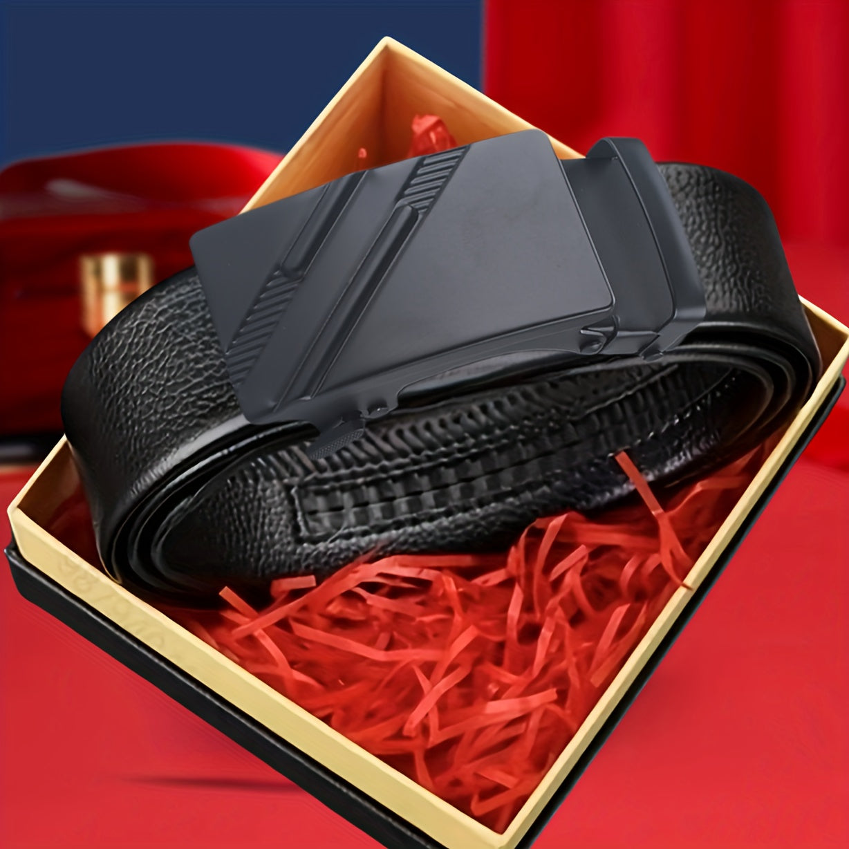 Cinturón casual de negocios para hombre con hebilla automática, patrón de lichi de doble barra, ajustable en PU