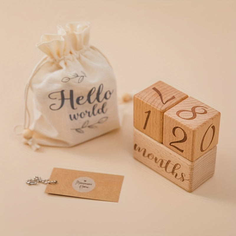 Wooden Milestone Blocks Set for Baby Photos and Growth Memories Light Brown with Drawstring Bag