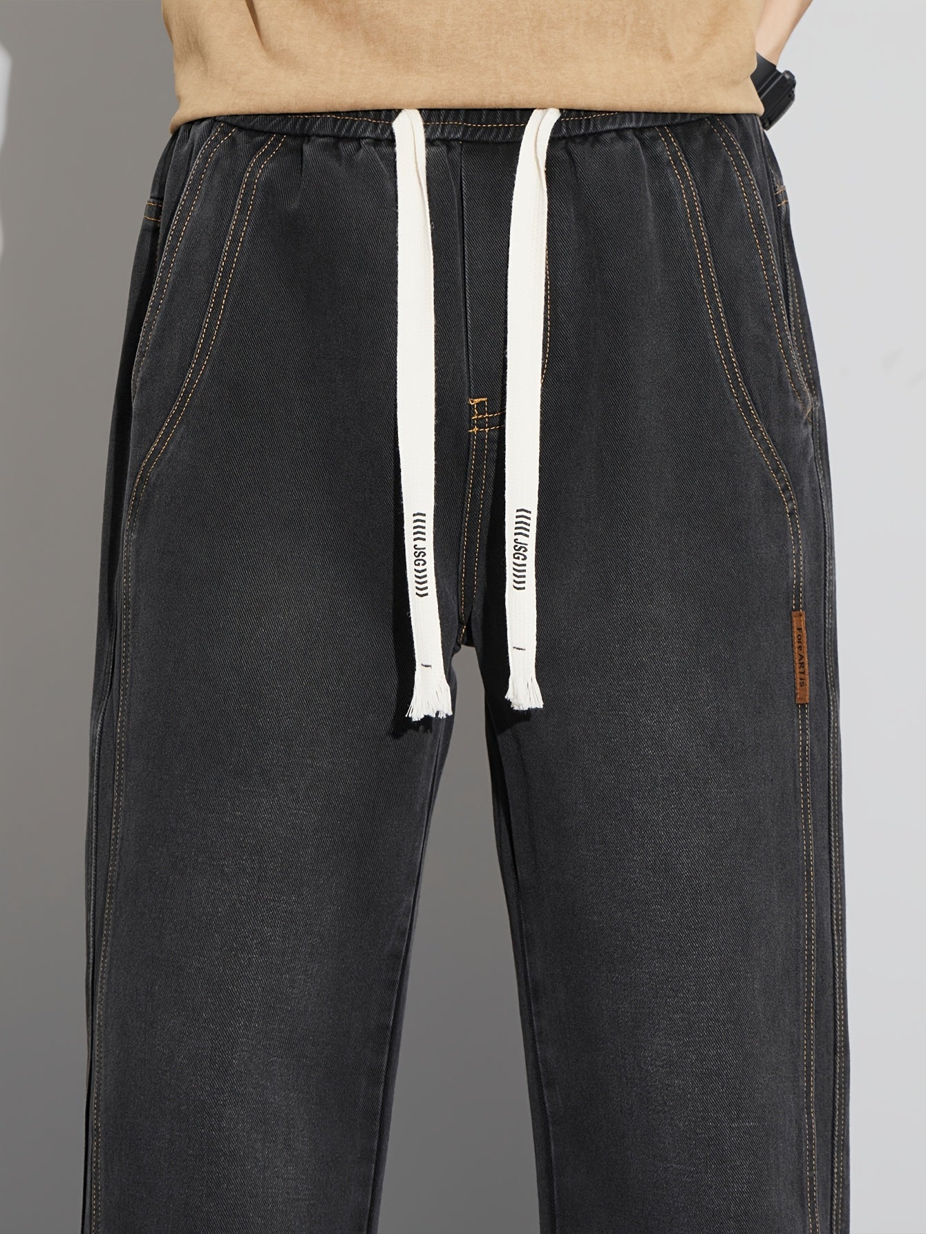 Мужские повседневные джинсы из денима свободного кроя с средней посадкой, на шнурке, для всех сезонов, из хлопково-полиэфирной смеси, однотонные