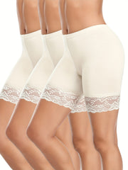 Women's High-Waisted Lace Panel Shorts Pack of 3 Rayon Viscose Knit Solid
