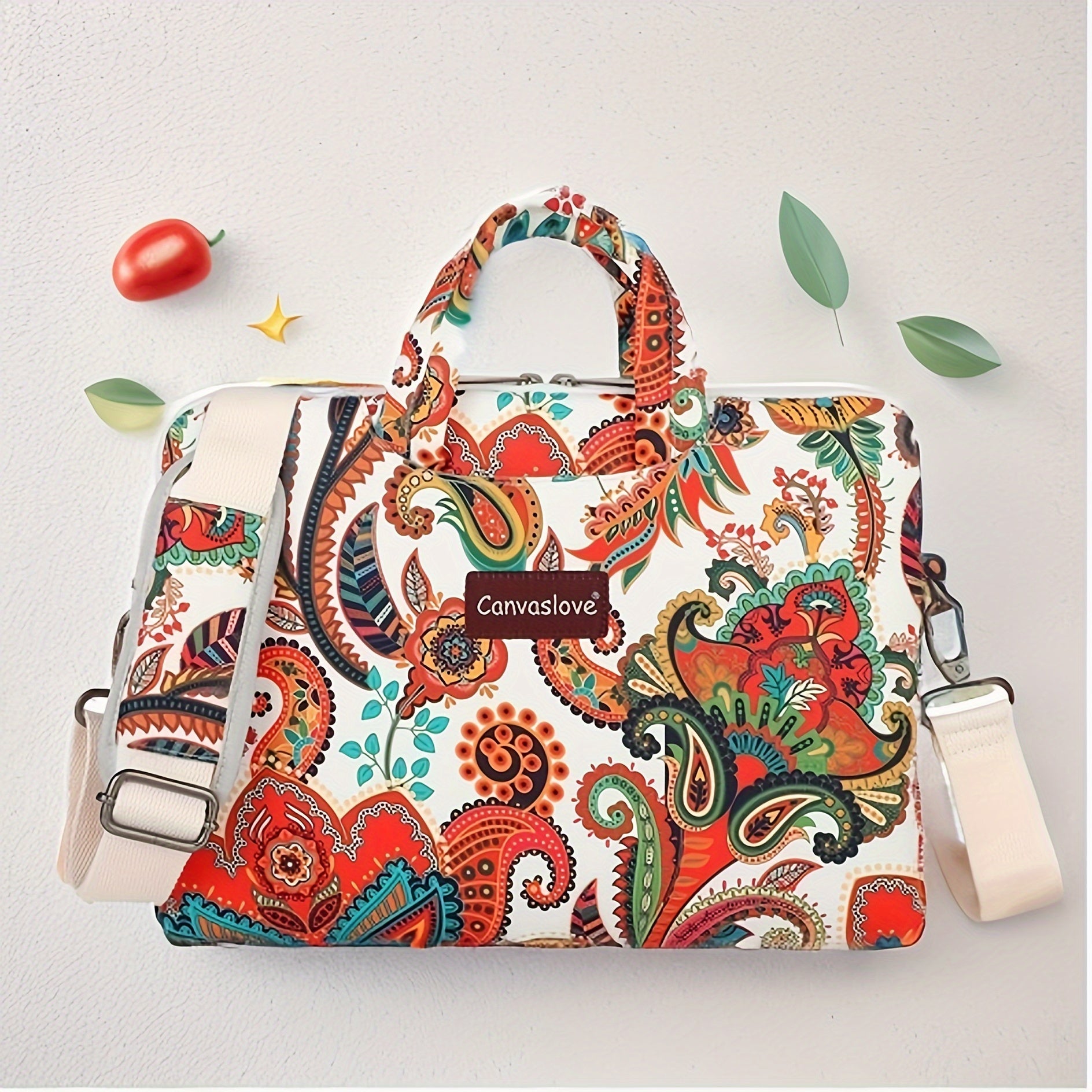 Water-Resistant Canvas Laptop Bag with Rose Pattern and Adjustable Shoulder Strap
