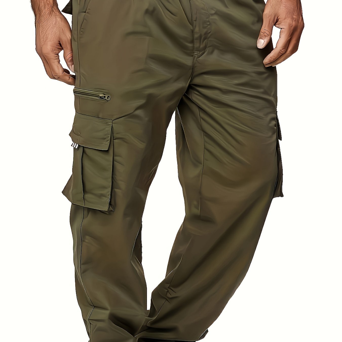 Men's Khaki Cargo Pants with Multiple Pockets Durable Polyester Elastic Waistband All-Season Casual Sports Plus Size