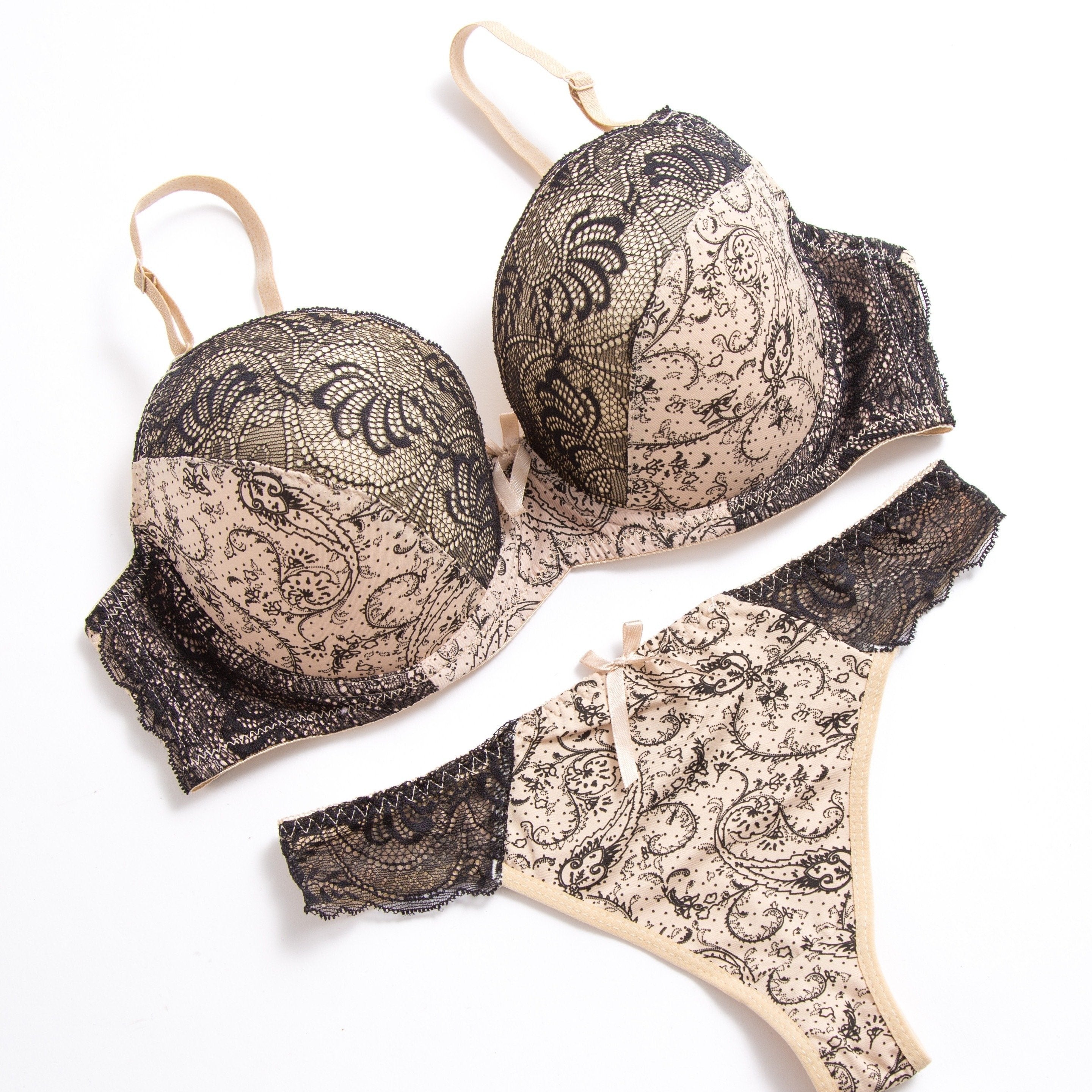 Lingerie Lace Bra and Panty Set in Beige and Black Floral Print Nylon Blend Comfortable for Casual or Special Occasions