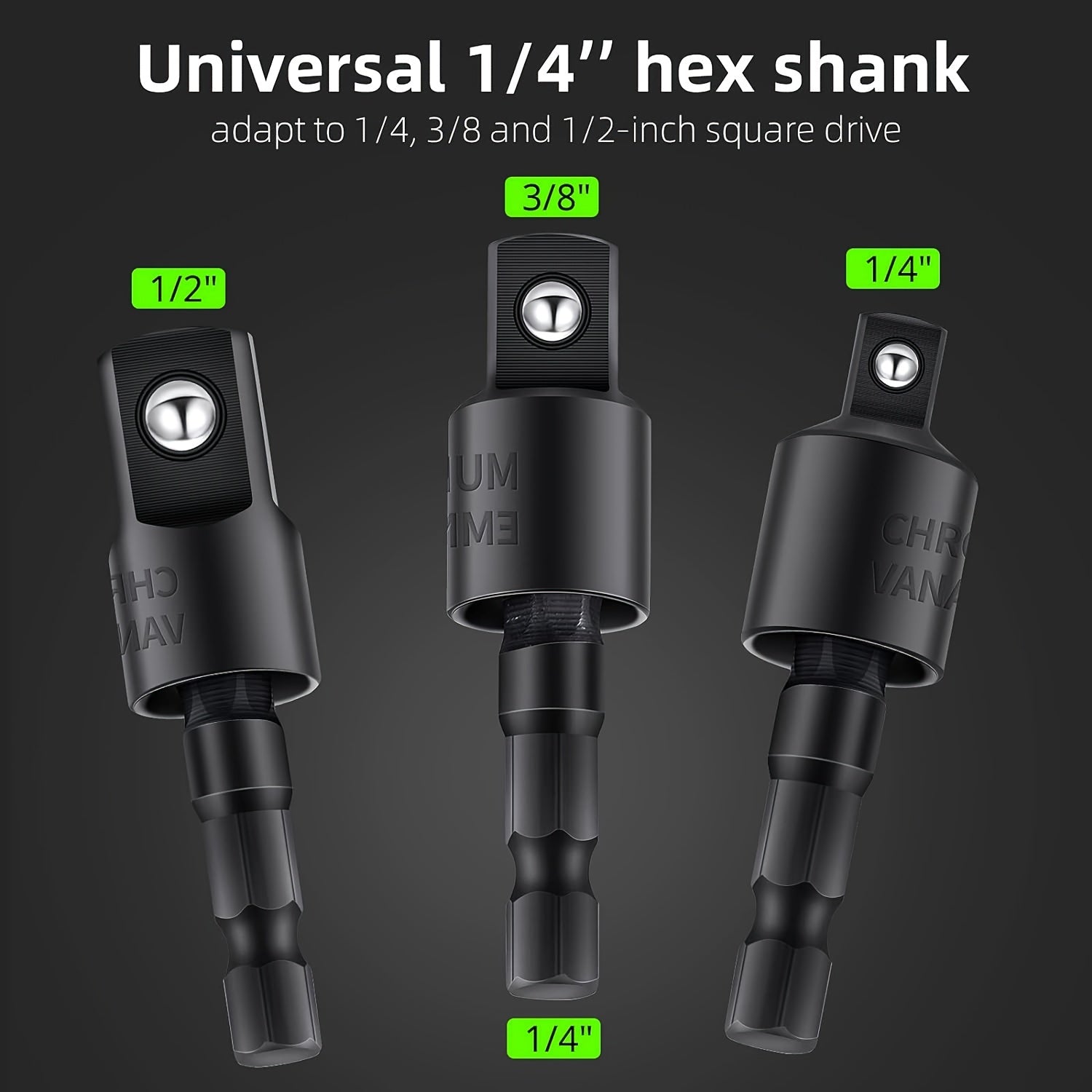 4-Piece Impact Driver Socket Set with 360° Rotatable Hex Shank and 105° Right Angle Holder Chrome Vanadium Steel