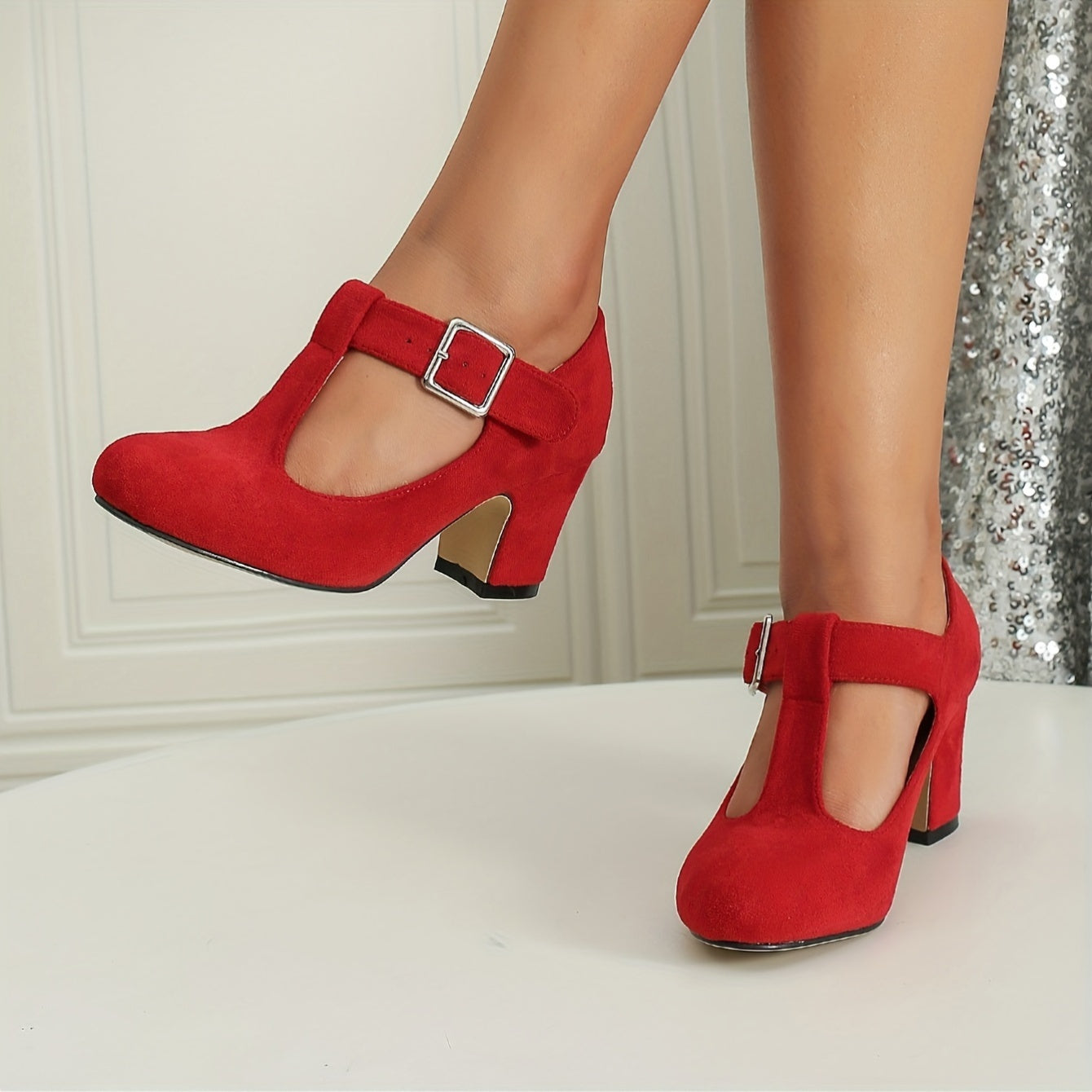 Women's Casual High Heeled Mary Jane Shoes T-Strap Buckle Chunky Heel