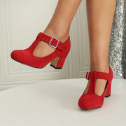 Women's Casual High Heeled Mary Jane Shoes T-Strap Buckle Chunky Heel