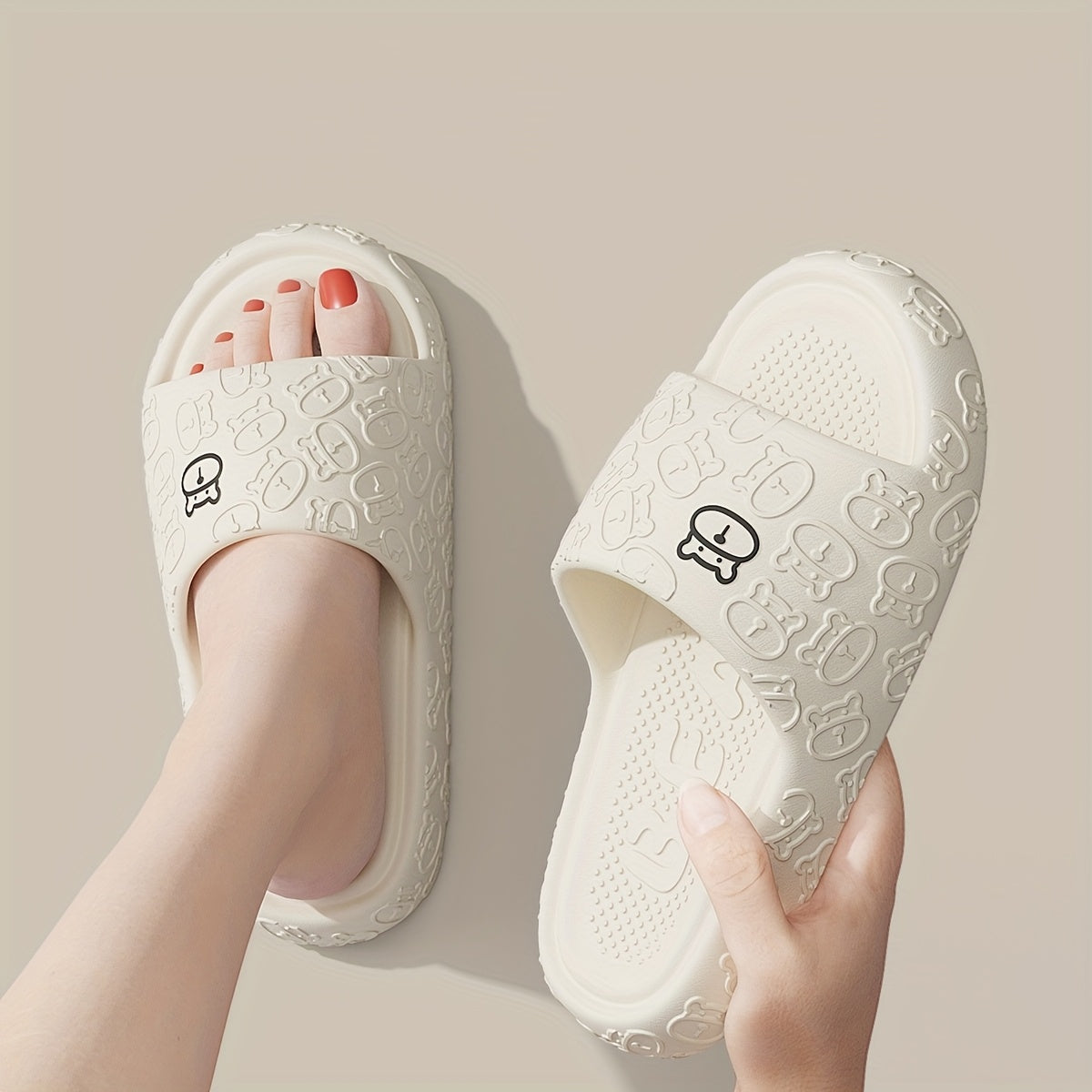 Unisex Cartoon Bear Print Slip-On Indoor Outdoor House Shoes Black Pink Size 48 49