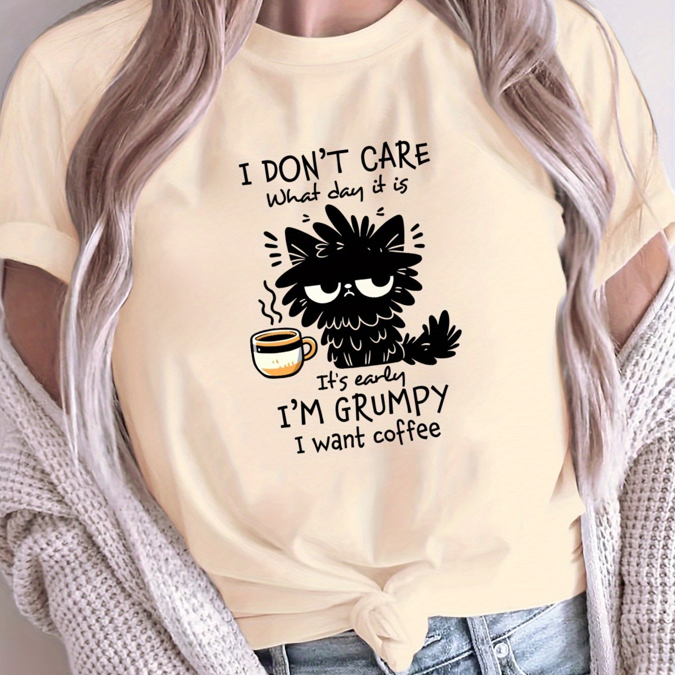 Women's Grumpy Coffee Graphic T-Shirt Soft Polyester Casual Short Sleeve