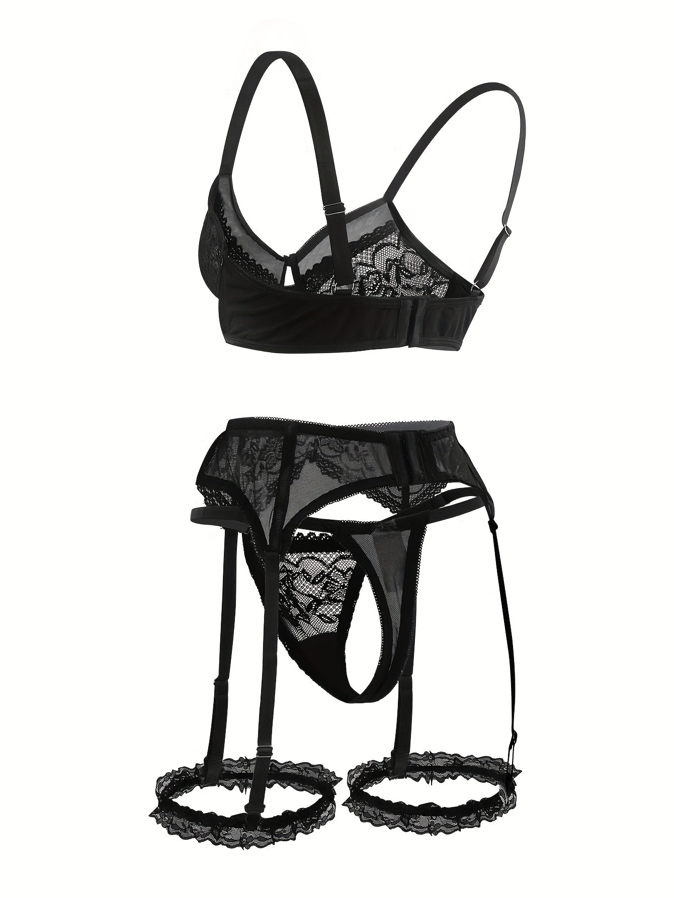 Ayollar uchun katta o'lchamdagi ichki kiyimlar to'plami, gul naqshli tikanli bra, thong, gartyer, kamar va oyoq uzuklari