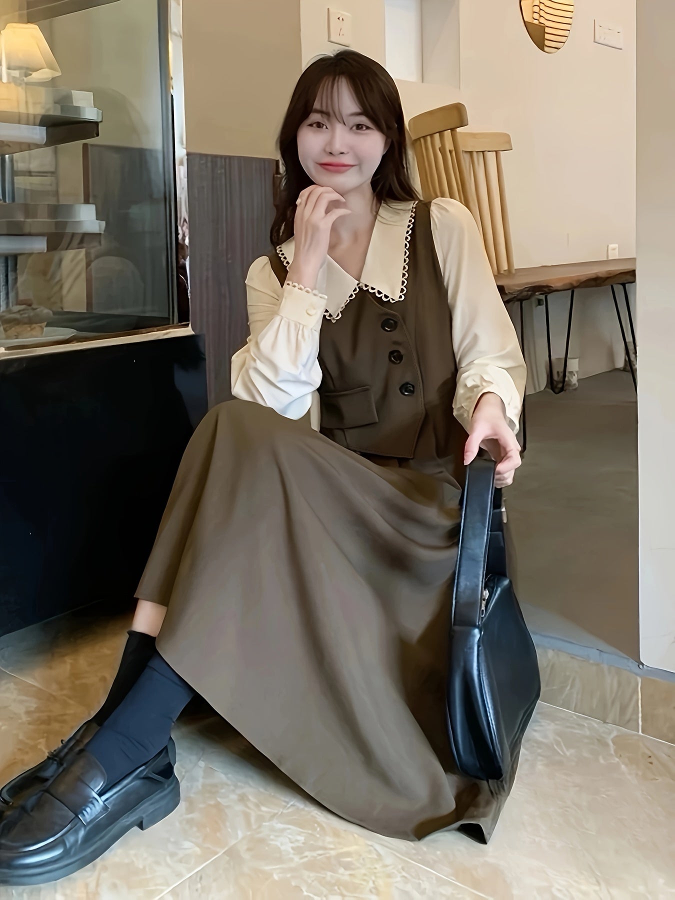 Teen Casual Lace-Trim Collar Shirt Dress in Solid Polyester Blend