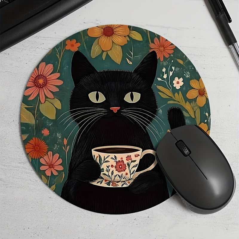 Black Cat and Orange Cup Design Mouse Pad Waterproof Non-Slip Desk Mat for Office and Gaming