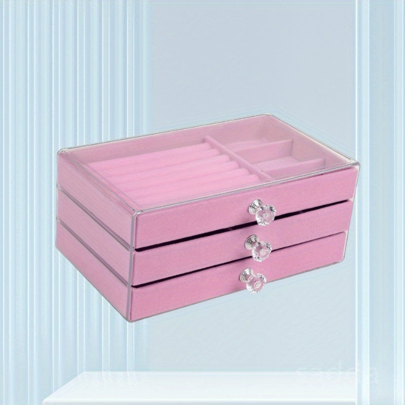 Acrylic Jewelry Storage Box with 3 Drawers and Crystal Knobs for Earrings Rings Necklaces and Bracelets