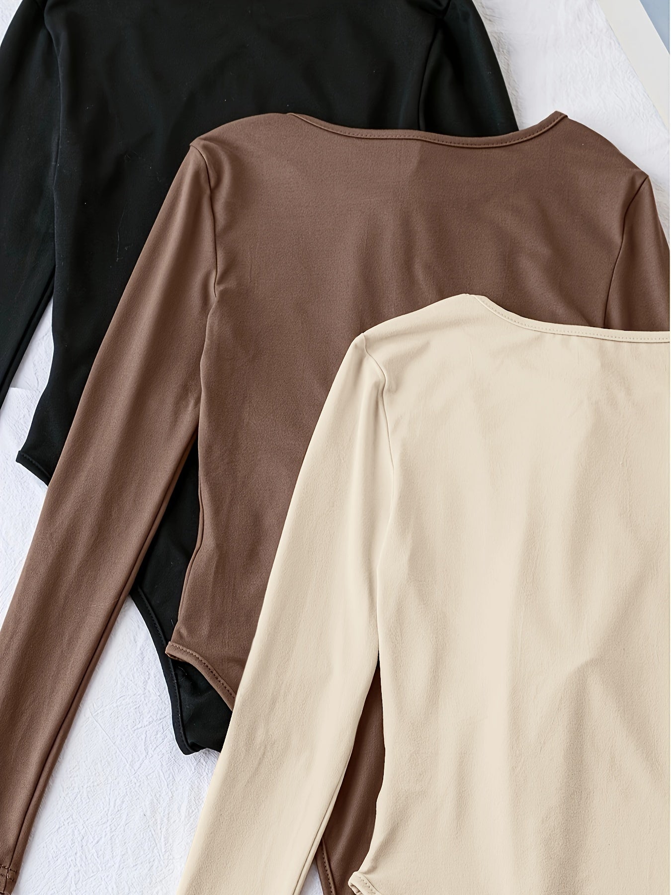 Women's Solid Polyester Crew Neck Long Sleeve Bodysuits Pack of Three Casual One-Piece Clothing