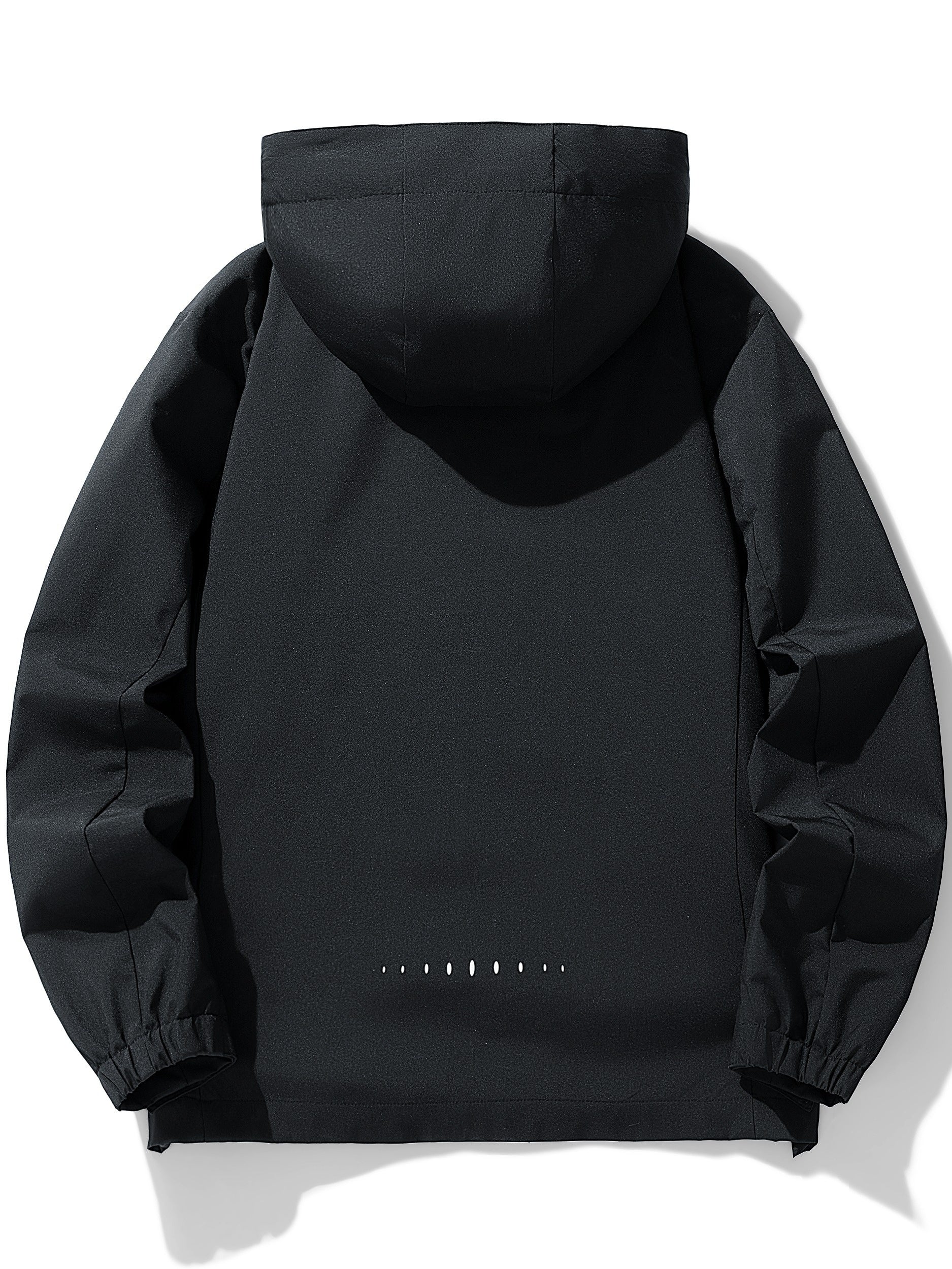 Erkaklar uchun tasodifiy shamol o'tkazmaydigan kurtka, 100% polyesterdan tayyorlangan, harf naqshiga ega, zipli cho'ntaklar va barcha mavsumlar uchun tashqi kiyim sifatida olib tashlanadigan kaput bilan.