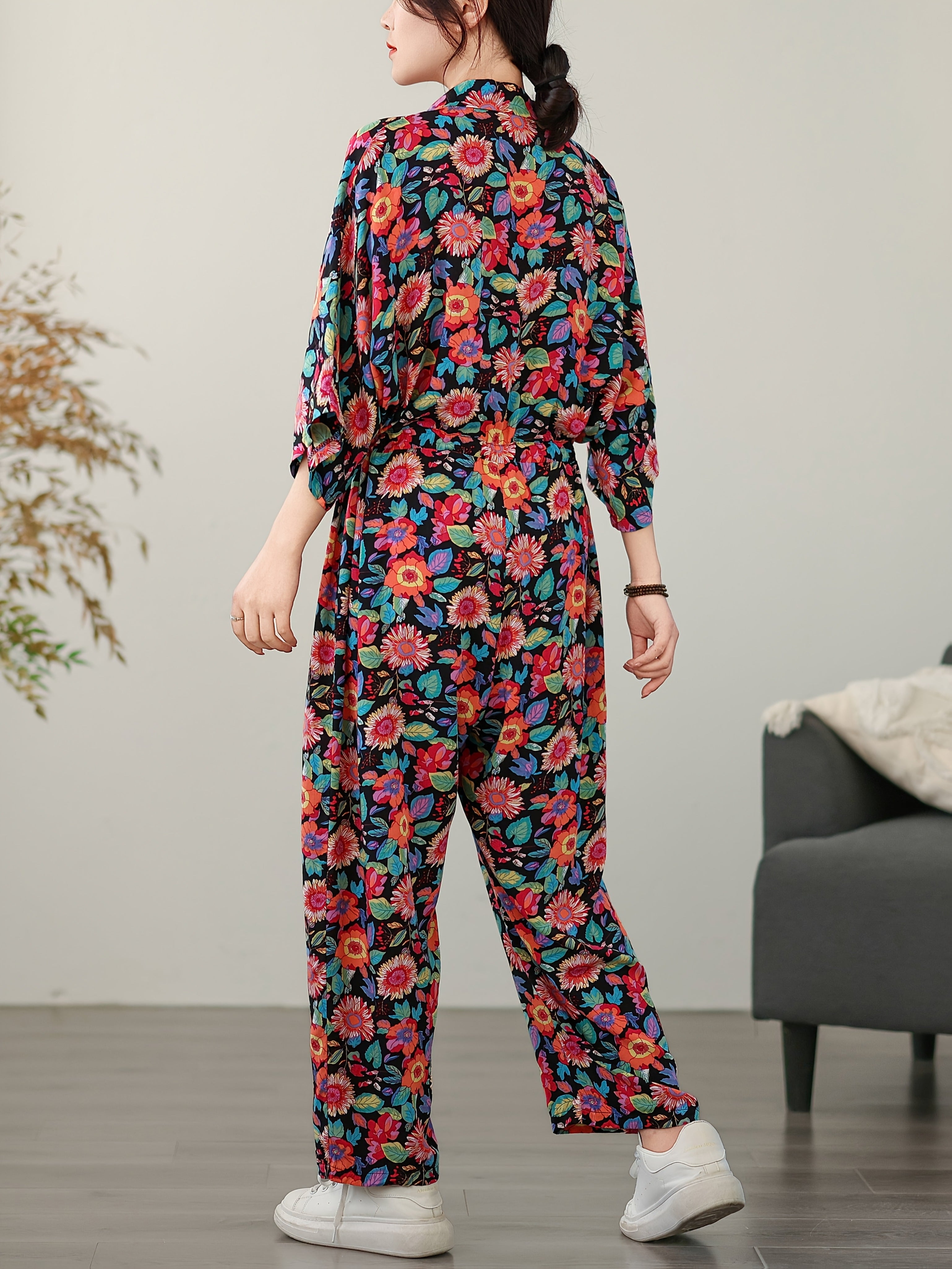 Women's Floral Print Summer Jumpsuit Loose Fit Short Sleeve Casual Dress