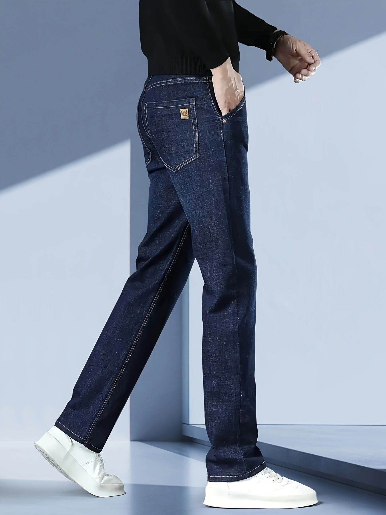 Men's Regular Fit Cotton Blend Jeans Solid Washed Denim All-Season